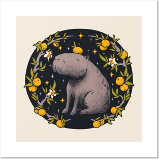 Capybara Cottagecore Aesthetic | Capy Yuzu Orance Citrus on Head Posters and Art